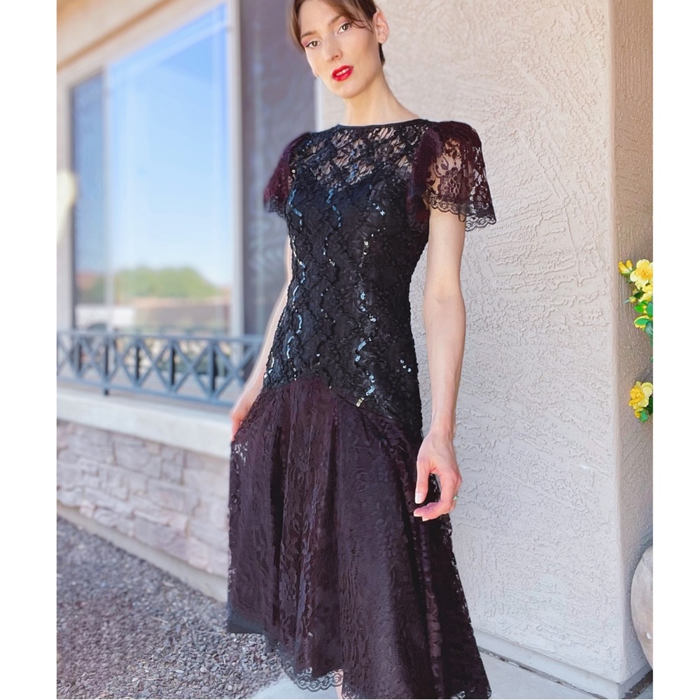 VINTAGE 90s SHUET YOUNG Black & Brown Lace Flutter Sleeve Flounce Midi Dress S - Picture 10 of 10